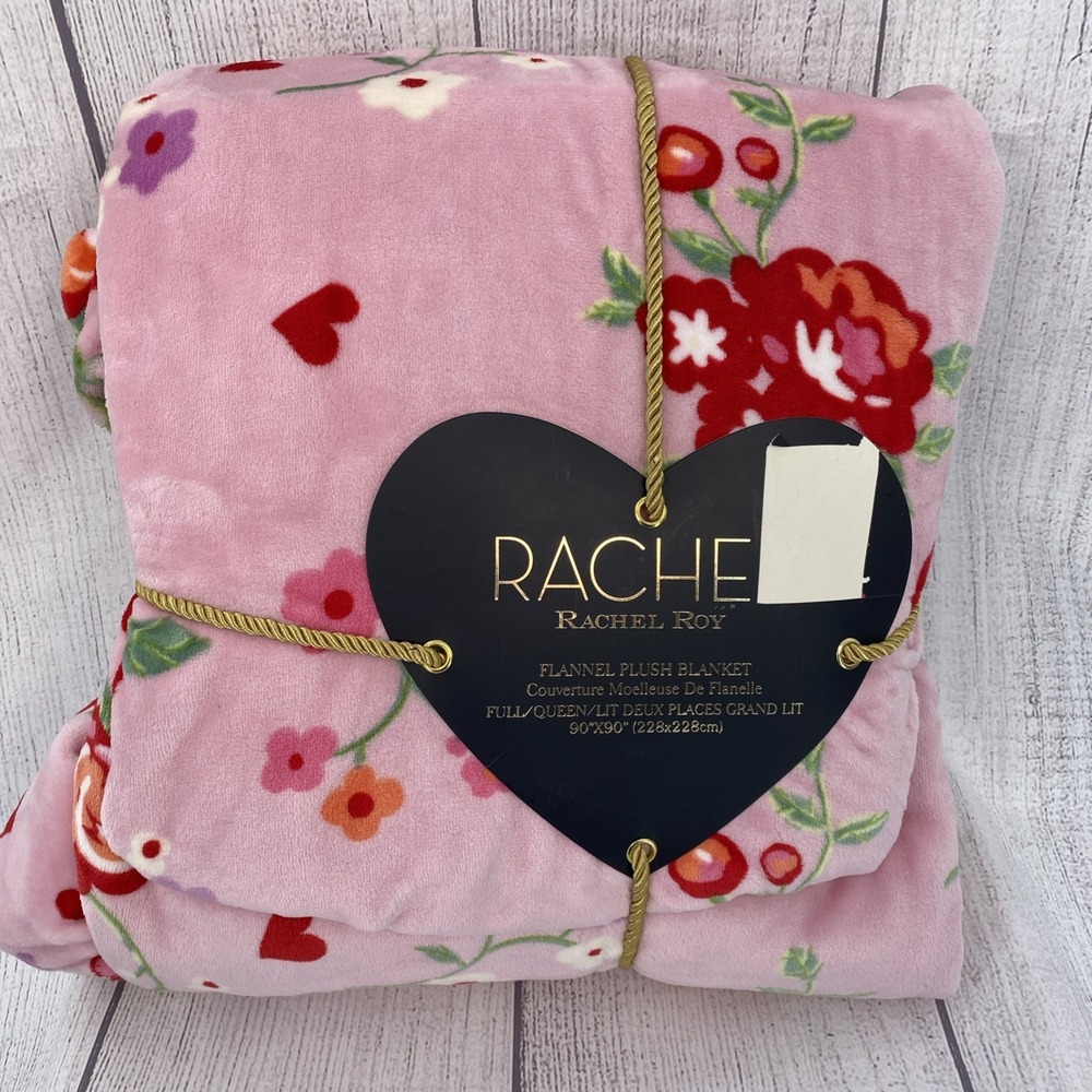 Rachel Roy Blanket FULL/QUEEN 90x90 Flannel Plush Pink Flowers Roses Hearts